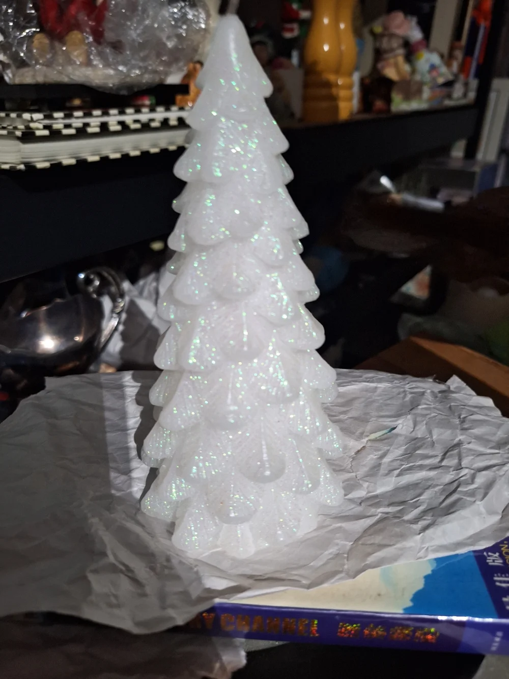 White Glittered Decorative Tree Candle Christmas Tree Candle